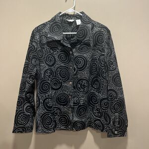 Laura Ashley Women's Black Jacket Embroidered White Spirals 1X Artsy Unique Rare